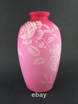 Antique Cased PINK Satin art glass 9.5 VASE ROSES & BIRD hp White Enamel