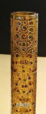 Antique Colorfully Enamel 13 Art Glass Vase Gold Filigree Scrolls Unusual Shape