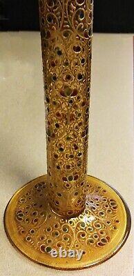 Antique Colorfully Enamel 13 Art Glass Vase Gold Filigree Scrolls Unusual Shape