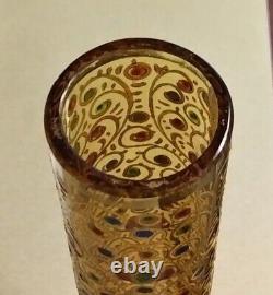 Antique Colorfully Enamel 13 Art Glass Vase Gold Filigree Scrolls Unusual Shape