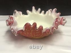 Antique Coralene Bowl Ruffled Edge with Silver Crestl 1880's hand blown