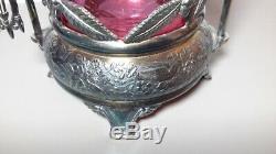 Antique Cranberry Art Glass Pickle Castor in Meriden Silver Plated Holder