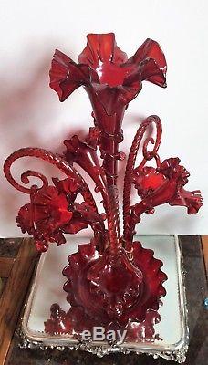 Antique Cranberry Art Glass Victorian-Era Epergne Centerpiece Rigaree Baskets