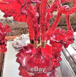Antique Cranberry Art Glass Victorian-Era Epergne Centerpiece Rigaree Baskets