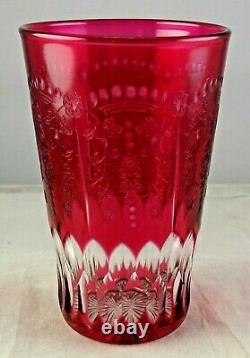 Antique Cranberry Cut to Clear Engraved Crystal Glass Tumbler