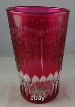 Antique Cranberry Cut to Clear Engraved Crystal Glass Tumbler