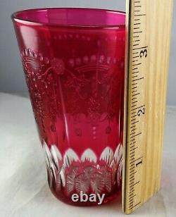 Antique Cranberry Cut to Clear Engraved Crystal Glass Tumbler