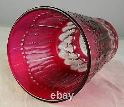 Antique Cranberry Cut to Clear Engraved Crystal Glass Tumbler