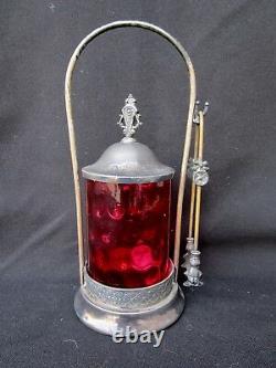Antique Cranberry Glass Handpainted Victorian Pickle Castor with Tongs