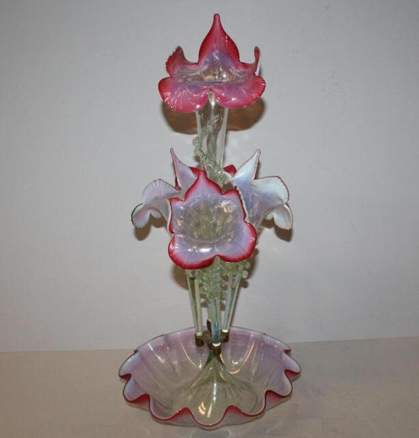 Antique Cranberry Opalescent Victorian Jack In The Pulpit Epergne 4 Flutes