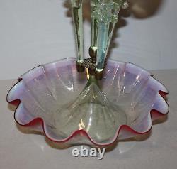 Antique Cranberry Opalescent Victorian Jack in the Pulpit Epergne 4 Flutes