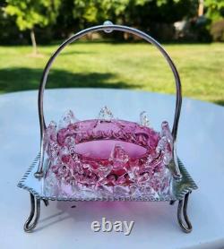 Antique Cranberry Sweetmeat Dish Rigaree Art Glass & Silver Base Sheffield EPNS Antique Cranberry Sweetmeat Dish Rigaree Art Glass & Silver Base Sheffield EPNS