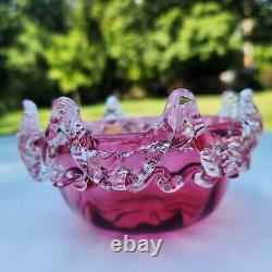 Antique Cranberry Sweetmeat Dish Rigaree Art Glass & Silver Base Sheffield EPNS Antique Cranberry Sweetmeat Dish Rigaree Art Glass & Silver Base Sheffield EPNS