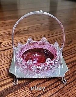 Antique Cranberry Sweetmeat Dish Rigaree Art Glass & Silver Base Sheffield EPNS Antique Cranberry Sweetmeat Dish Rigaree Art Glass & Silver Base Sheffield EPNS