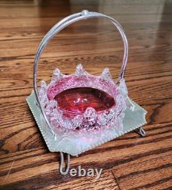 Antique Cranberry Sweetmeat Dish Rigaree Art Glass & Silver Base Sheffield EPNS Antique Cranberry Sweetmeat Dish Rigaree Art Glass & Silver Base Sheffield EPNS