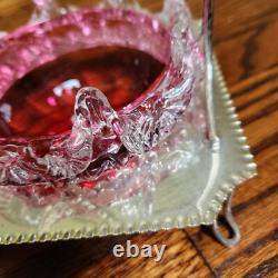 Antique Cranberry Sweetmeat Dish Rigaree Art Glass & Silver Base Sheffield EPNS Antique Cranberry Sweetmeat Dish Rigaree Art Glass & Silver Base Sheffield EPNS