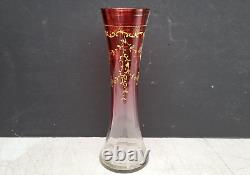 Antique Cranberry to Clear Art Glass Vase w Gilt Florals Bohemian Moser Style