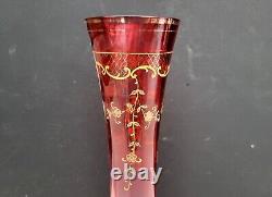 Antique Cranberry to Clear Art Glass Vase w Gilt Florals Bohemian Moser Style