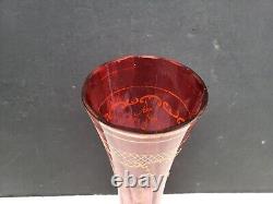 Antique Cranberry to Clear Art Glass Vase w Gilt Florals Bohemian Moser Style