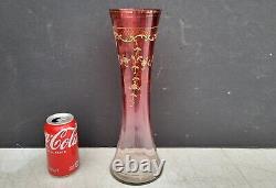 Antique Cranberry to Clear Art Glass Vase w Gilt Florals Bohemian Moser Style