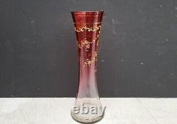 Antique Cranberry to Clear Art Glass Vase w Gilt Florals Bohemian Moser Style