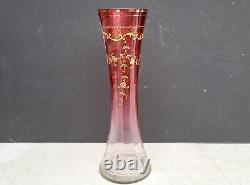 Antique Cranberry to Clear Art Glass Vase w Gilt Florals Bohemian Moser Style