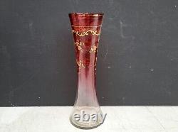 Antique Cranberry to Clear Art Glass Vase w Gilt Florals Bohemian Moser Style