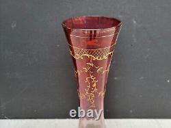 Antique Cranberry to Clear Art Glass Vase w Gilt Florals Bohemian Moser Style