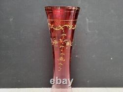 Antique Cranberry to Clear Art Glass Vase w Gilt Florals Bohemian Moser Style