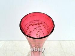 Antique Cranberry to Clear Art Glass Vase w Gilt Florals Bohemian Moser Style