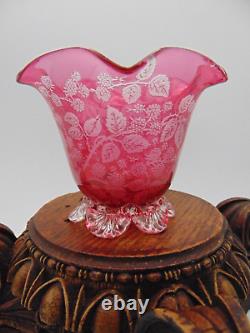 Antique Cranberry to Clear Reverse Acid Etched BERRY Art Glass Salt Cellar Bowl