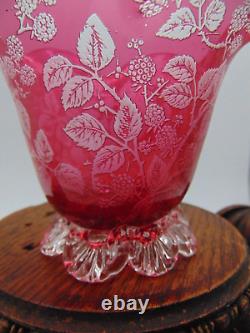 Antique Cranberry to Clear Reverse Acid Etched BERRY Art Glass Salt Cellar Bowl