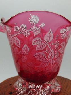 Antique Cranberry to Clear Reverse Acid Etched BERRY Art Glass Salt Cellar Bowl