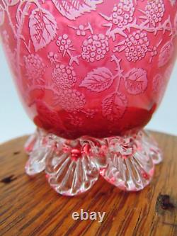 Antique Cranberry to Clear Reverse Acid Etched BERRY Art Glass Salt Cellar Bowl