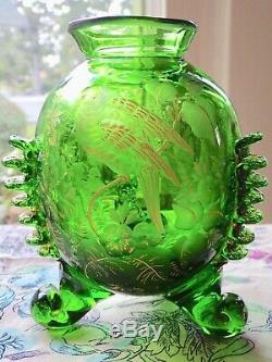 Antique Cut & Gilt Moser Art Glass Parrots 3 Leg Vase Masterwork -applied Rig