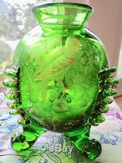Antique Cut & Gilt Moser Art Glass Parrots 3 Leg Vase Masterwork -applied Rig