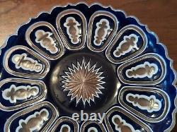 Antique Cut Overlay Art Glass Plate Blue & White Cut to Clear