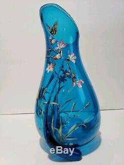 Antique Czech Bohemian Moser Harrach Blue Art Glass Gold rim Enameled bird Vase