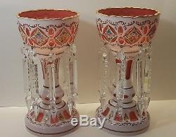 Antique Czech Bohemian Moser White Cut To Cranberry Pink Enameled Mantle Lustres