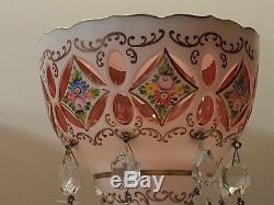 Antique Czech Bohemian Moser White Cut To Cranberry Pink Enameled Mantle Lustres