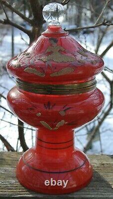 Antique Czechoslovakia Red Glass with Coralene Tantalus Cordial Decanter