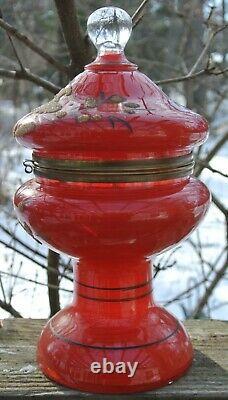 Antique Czechoslovakia Red Glass with Coralene Tantalus Cordial Decanter