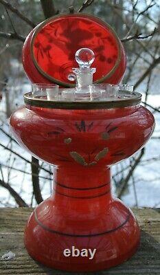 Antique Czechoslovakia Red Glass with Coralene Tantalus Cordial Decanter