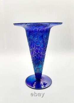 Antique Dugan Glass Blue Carnival Deep Crackle Trumpet Blown Glass Vase RARE HTF