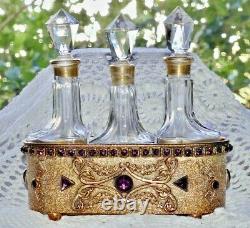 Antique E & J B Empire Art Gold Trio Glass Perfume Bottles Jeweled Brass Holder