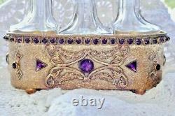 Antique E & J B Empire Art Gold Trio Glass Perfume Bottles Jeweled Brass Holder