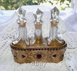 Antique E & J B Empire Art Gold Trio Glass Perfume Bottles Jeweled Brass Holder