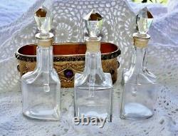 Antique E & J B Empire Art Gold Trio Glass Perfume Bottles Jeweled Brass Holder