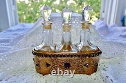 Antique E & J B Empire Art Gold Trio Glass Perfume Bottles Jeweled Brass Holder