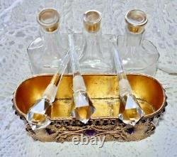 Antique E & J B Empire Art Gold Trio Glass Perfume Bottles Jeweled Brass Holder